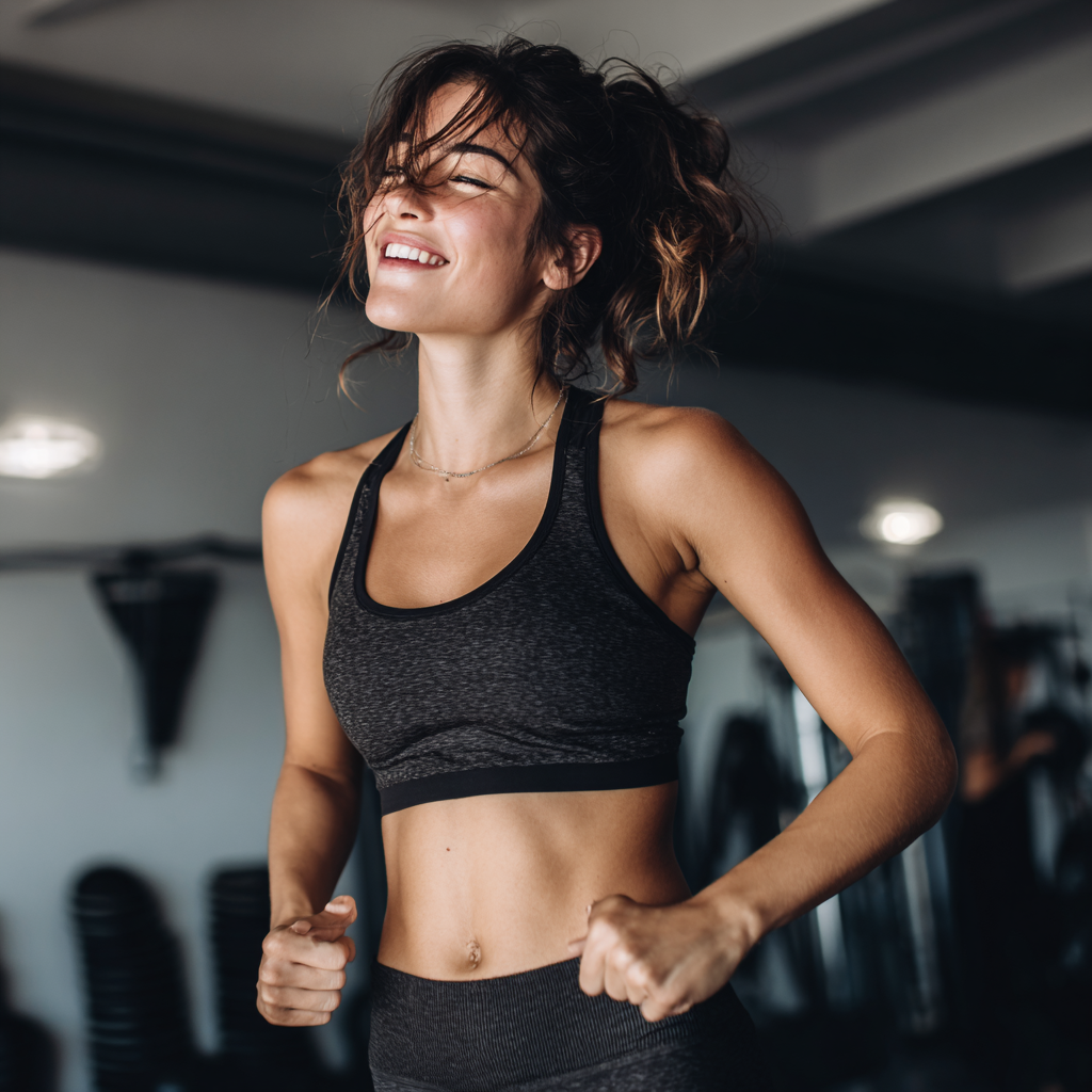 Persoană românească zâmbitoare în timpul unei sesiuni de fitness preventiv, demonstrând exerciții de fortificare musculară