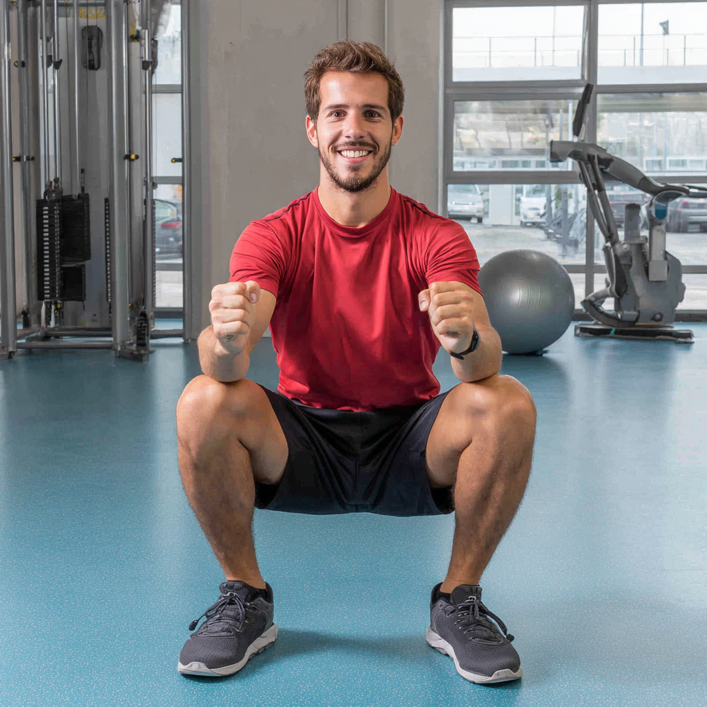 Adult român zâmbitor în timpul exercițiilor de fitness preventiv, concentrându-se pe fortificarea musculaturii stabilizatoare